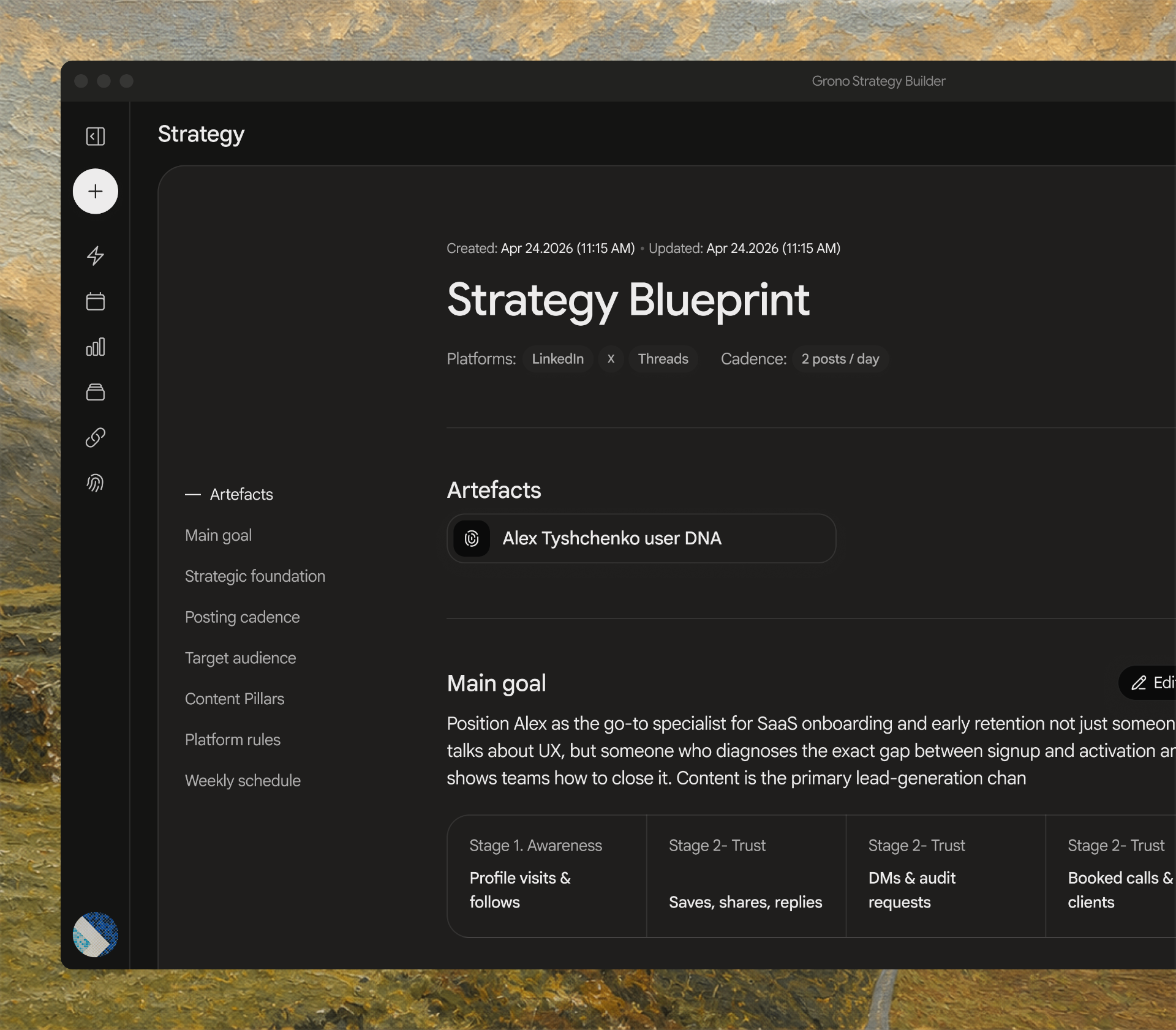 Get strategy blueprint, tailored to your audience, positioning and goals.